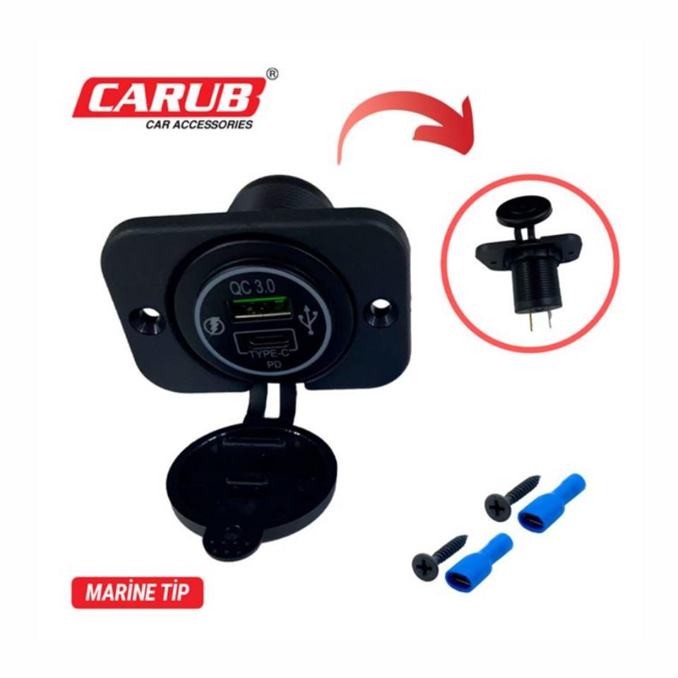 CARUB BR1700814 12V-24V TELEFON ŞARJ CİHAZI (USB+TYPE-C) (1.5A/3.1A) (KAPAKLI MARİN)