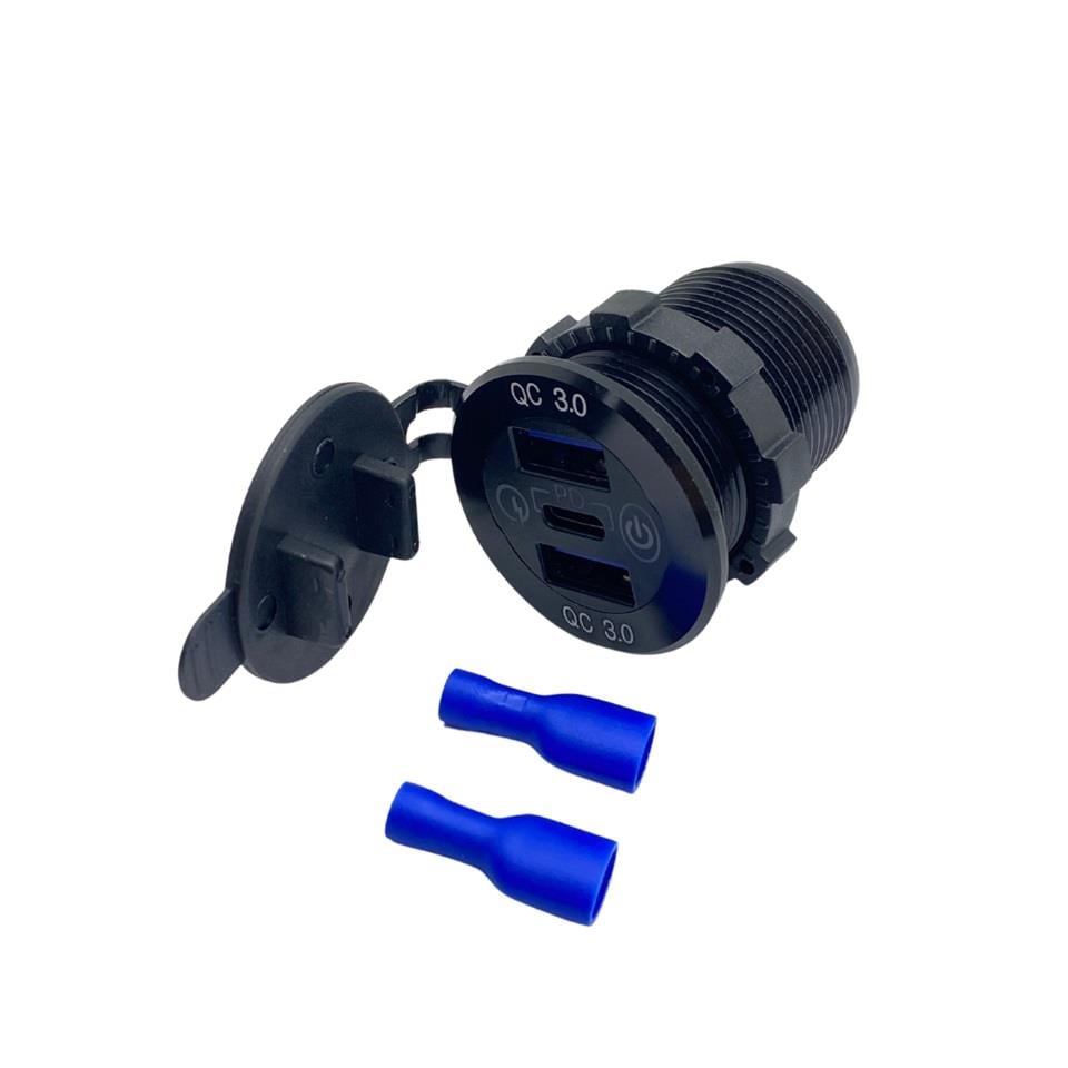 MOTORAID MT-UP04 12V-24V TELEFON ŞARJ CİHAZI (USB X2+TYPE-C) (3 A) (OFF-ON DOKUNMATİK) (MAVİ IŞIK) (28 MM)