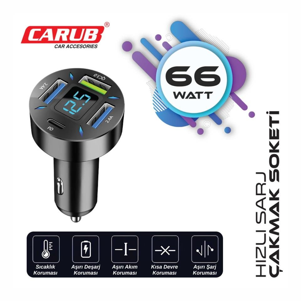 CARUB BR5901848 12V-24V TELEFON ŞARJ CİHAZI 66W HIZLI ŞARJ VOLTAJ GÖSTERGELİ (ÇAKMAK GİRİŞLİ) (USB+TYPE-C) SİYAH