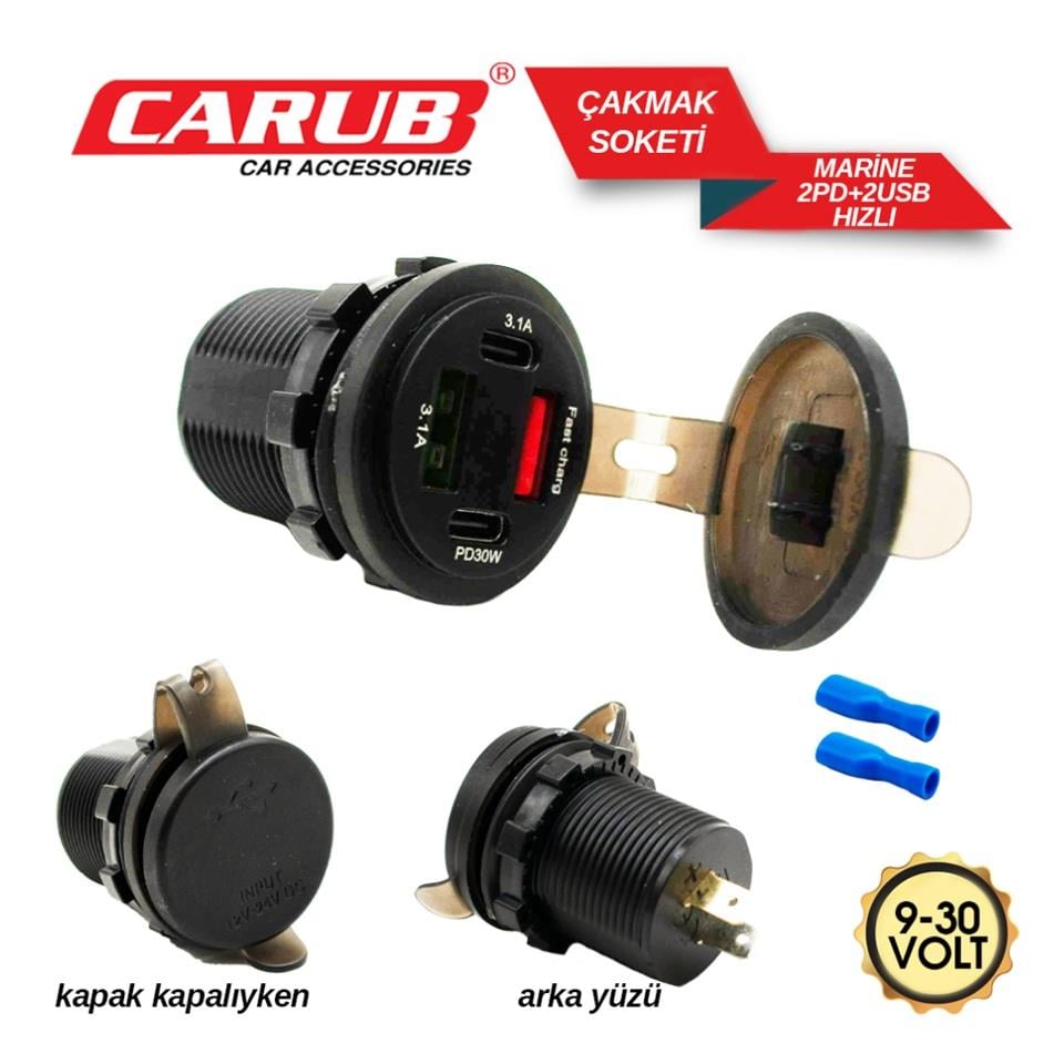 CARUB BR1700817 9V-30V TELEFON ŞARJ CİHAZI (USB X 2+TYPE-C X 2) (HIZLI ŞARJ-3.1A) (KAPAKLI MARİN)