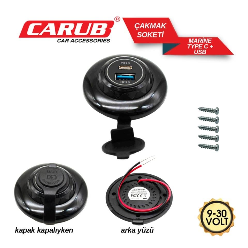 CARUB BR1700818 9V-30V TELEFON ŞARJ CİHAZI (USB+TYPE-C) (3.0A) (KAPAKLI MARİN)